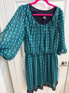 Enfocus Studio Teal and Black Geometric Scoop-Neck Mini Dress